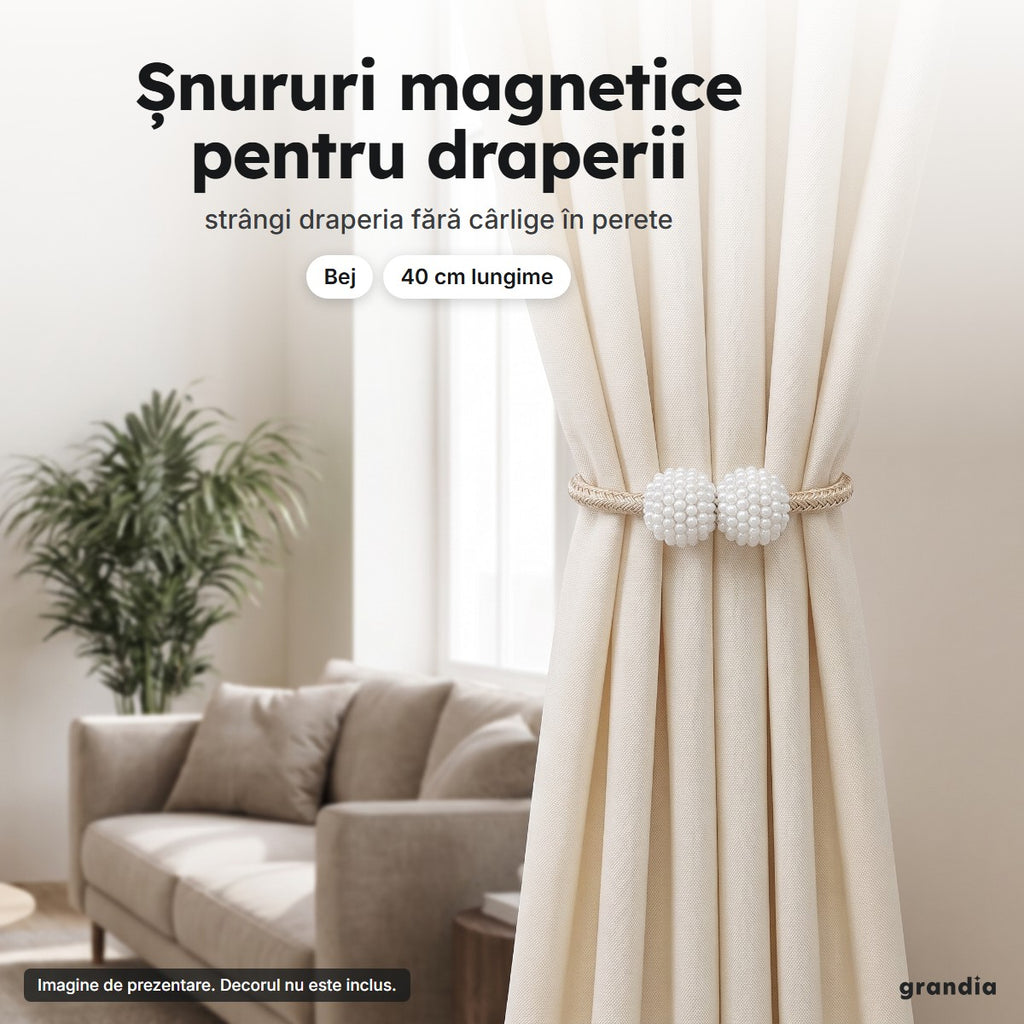 Draperie crem strânsă cu un șnur magnetic bej, într-o cameră de zi luminoasă
