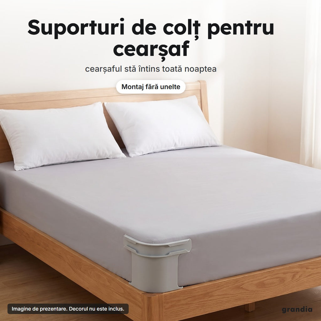 Pat cu cearșaf gri întins, cu suportul de colț prins la colțul saltelei