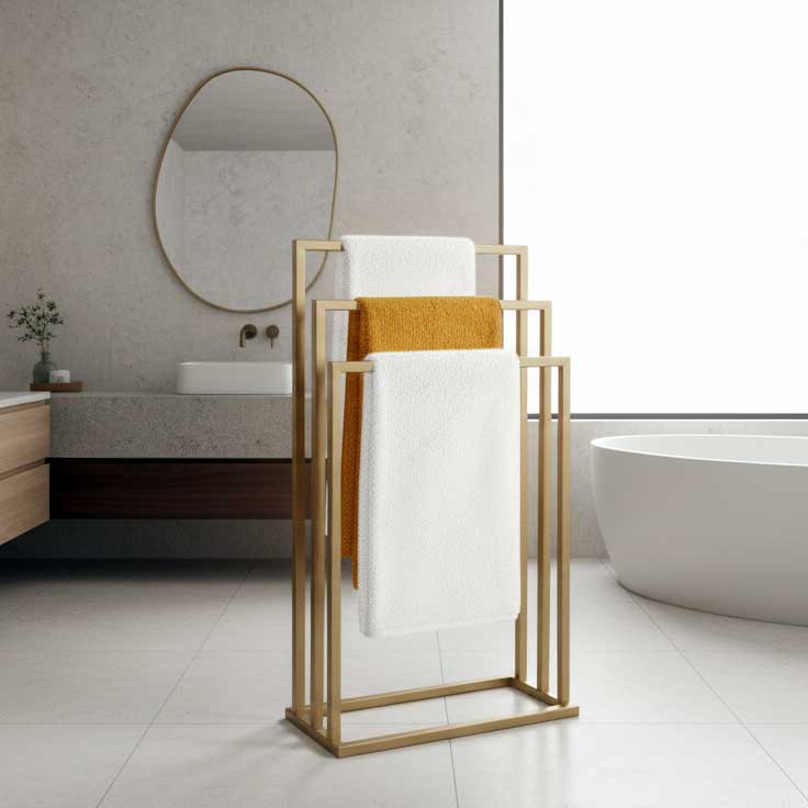 Suport de podea pentru prosoape, finisaj auriu mat, stabil și elegant