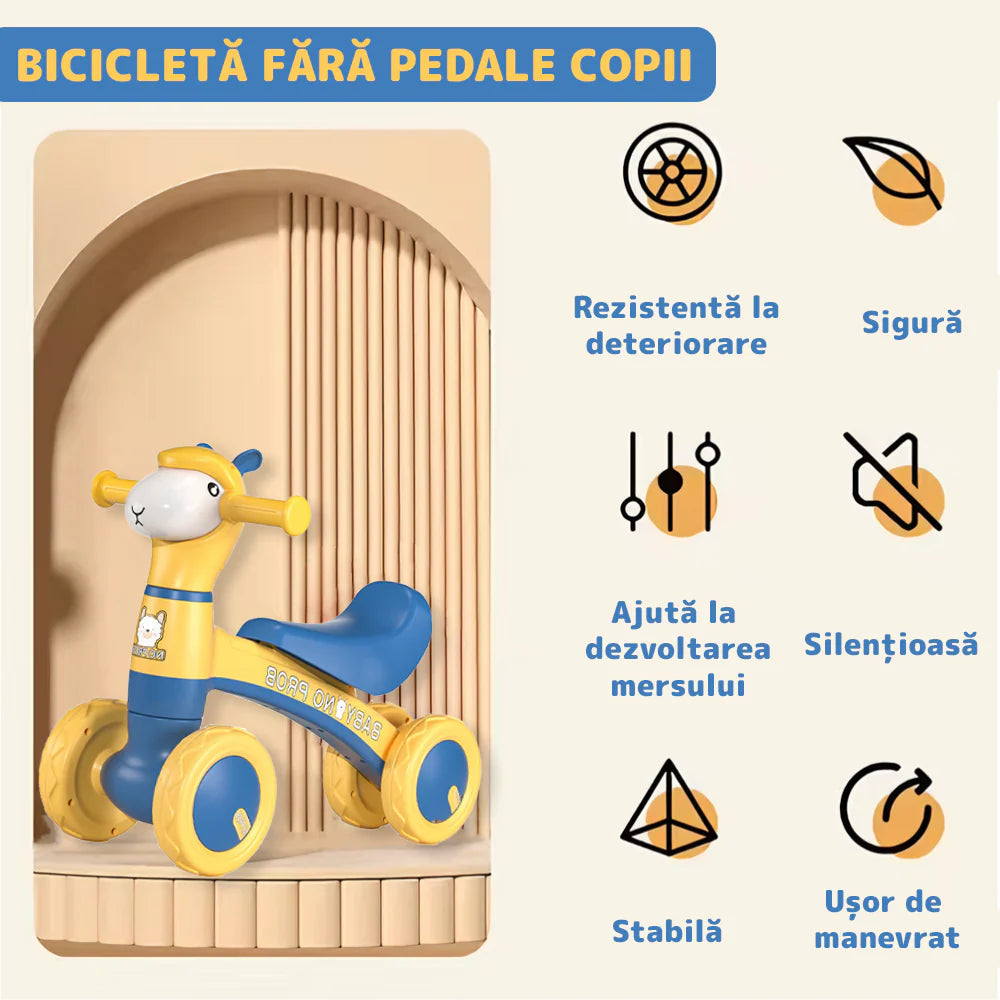 Bicicleta fara pedale pentru copii, 4 roti, lumini si muzica, jucarie de echilibru albastru-galben