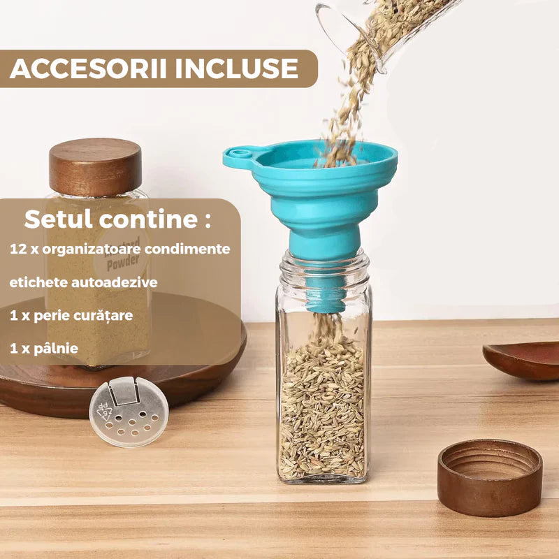 Set 12 recipiente condimente, borcane sticla cu capac bambus, palnie, perie, site, etichete si marker