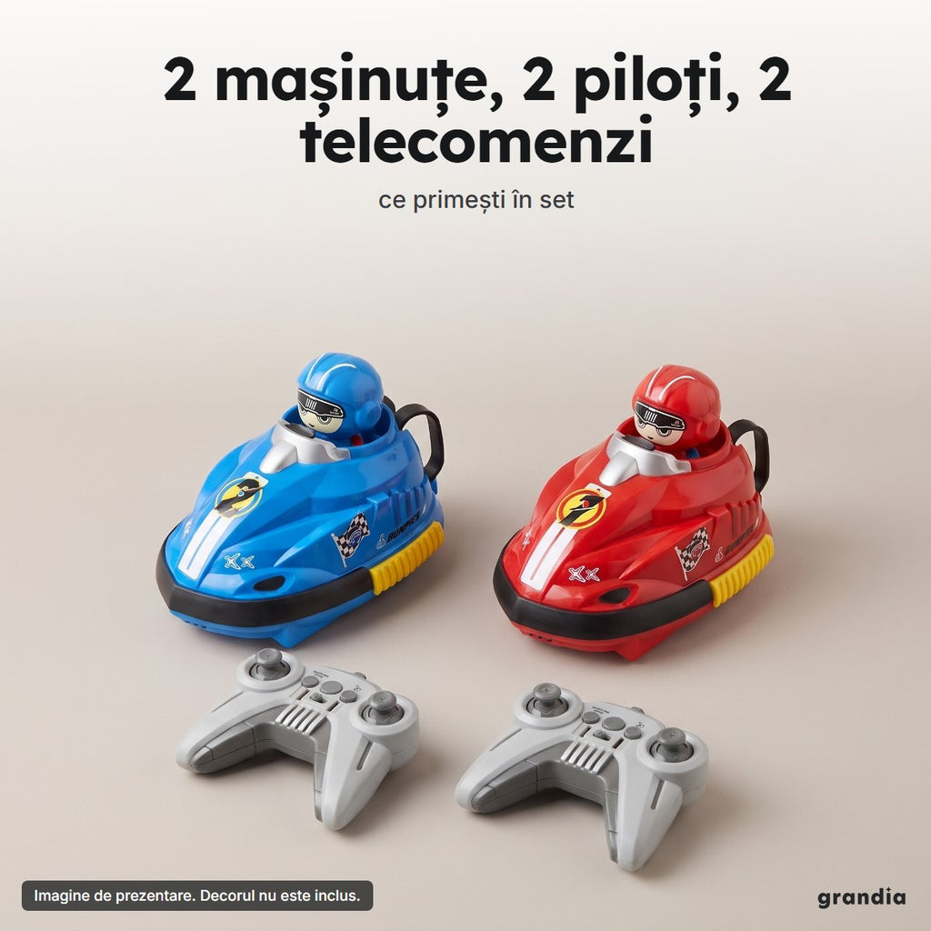 Ce primești în set: 2 mașinuțe bușitoare, 2 piloți și 2 telecomenzi