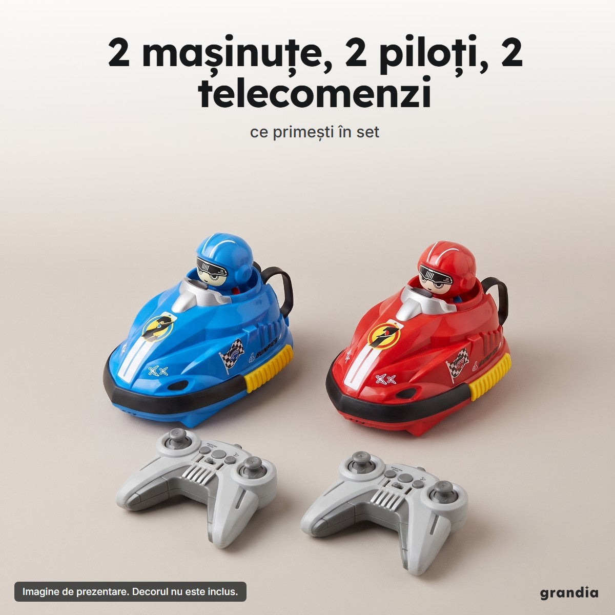 Ce primești în set: 2 mașinuțe bușitoare, 2 piloți și 2 telecomenzi