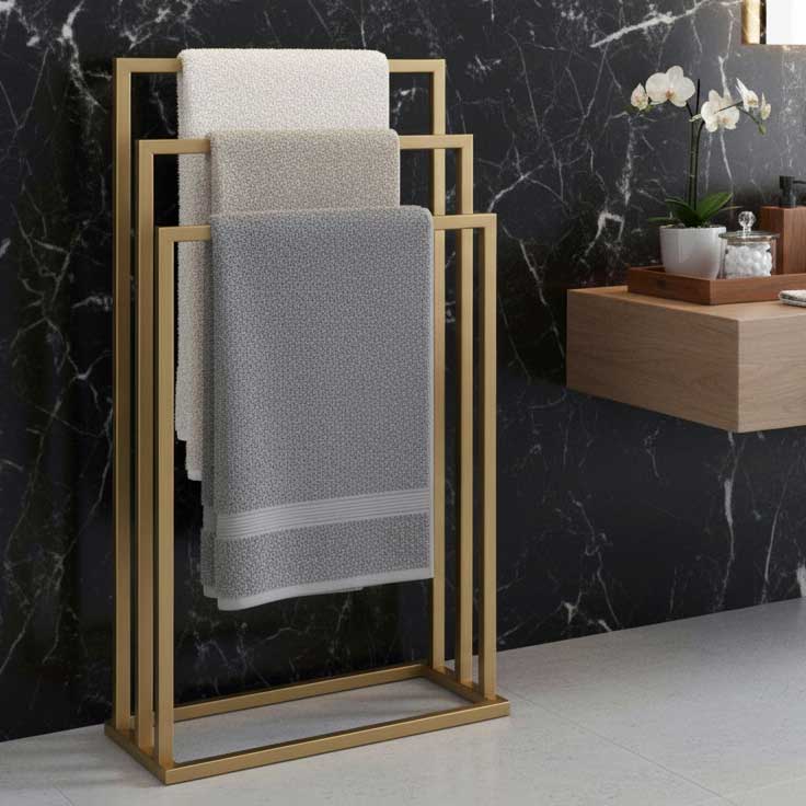 Suport de podea pentru prosoape, finisaj auriu mat, stabil și elegant