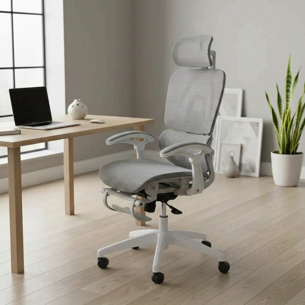 Scaun de birou ergonomic mesh cu suport lombar, tetieră 3D și suport de picioare, alb-gri