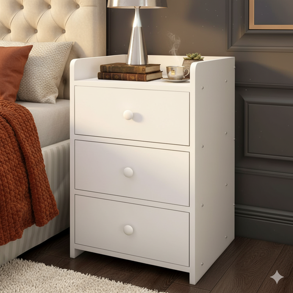 Noptieră Compactă Albă cu 3 Sertare