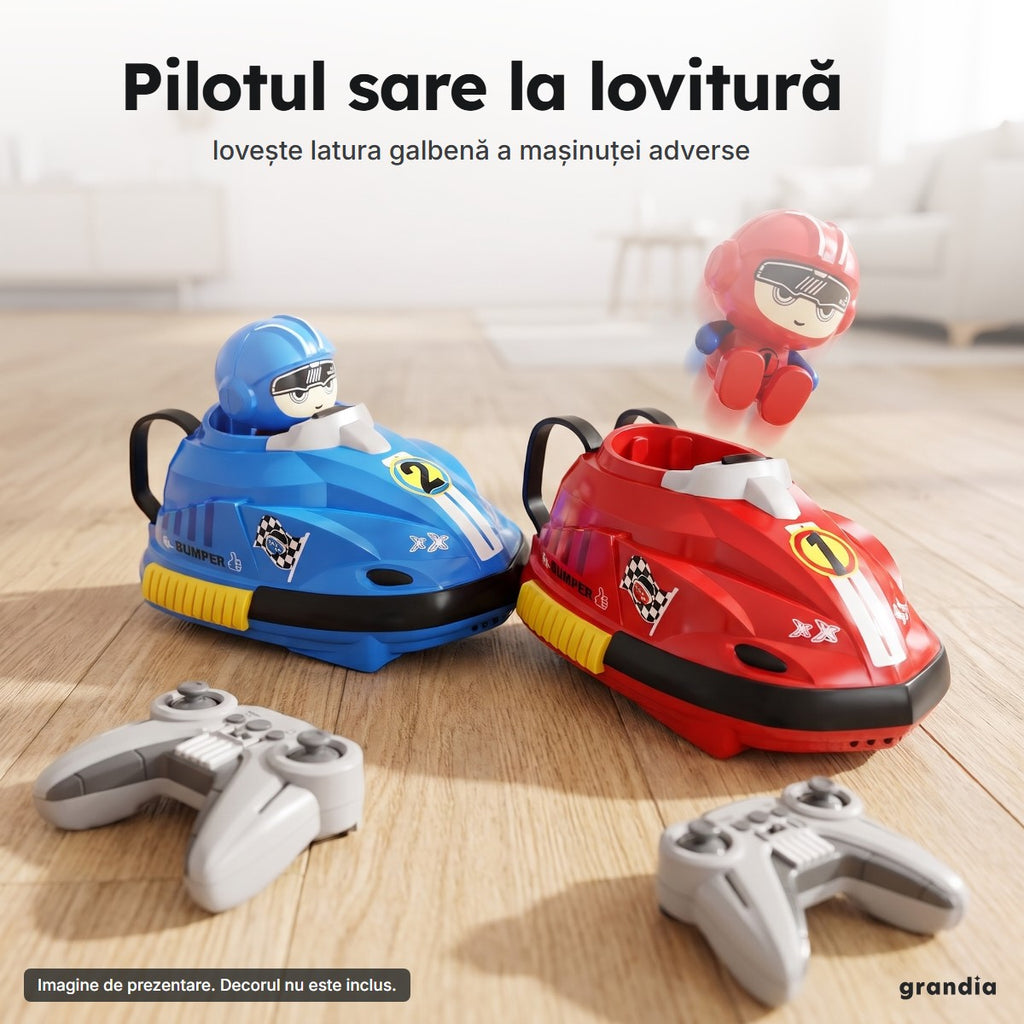 Mașinuța albastră lovește latura galbenă a celei roșii, iar pilotul roșu sare din cockpit