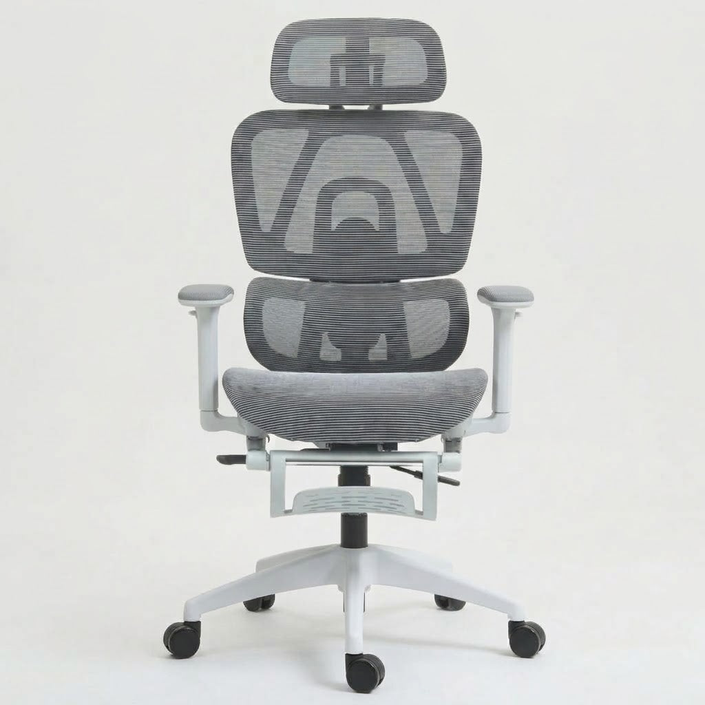 Scaun de birou ergonomic mesh cu suport lombar, tetieră 3D și suport de picioare, alb-gri