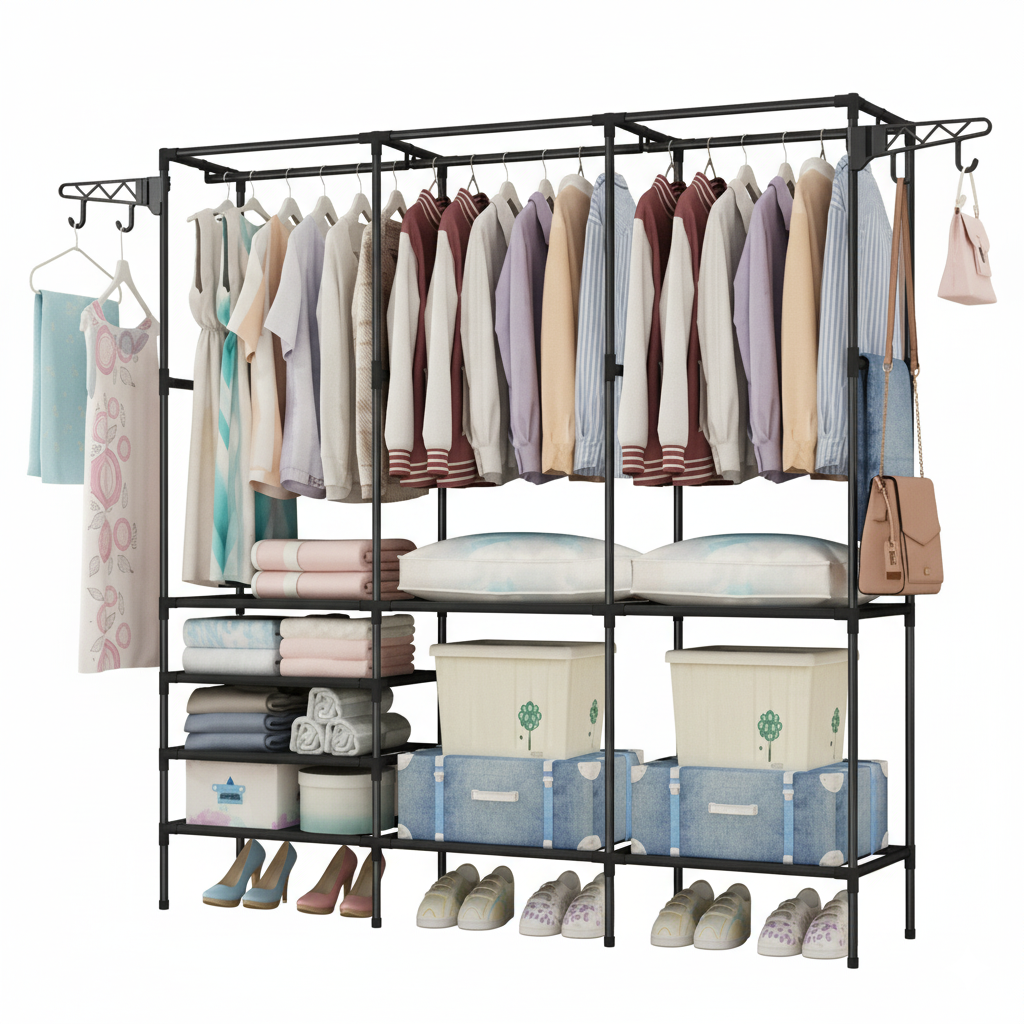 Cuier multifuncțional 175 cm, 8 cârlige și 3 rafturi