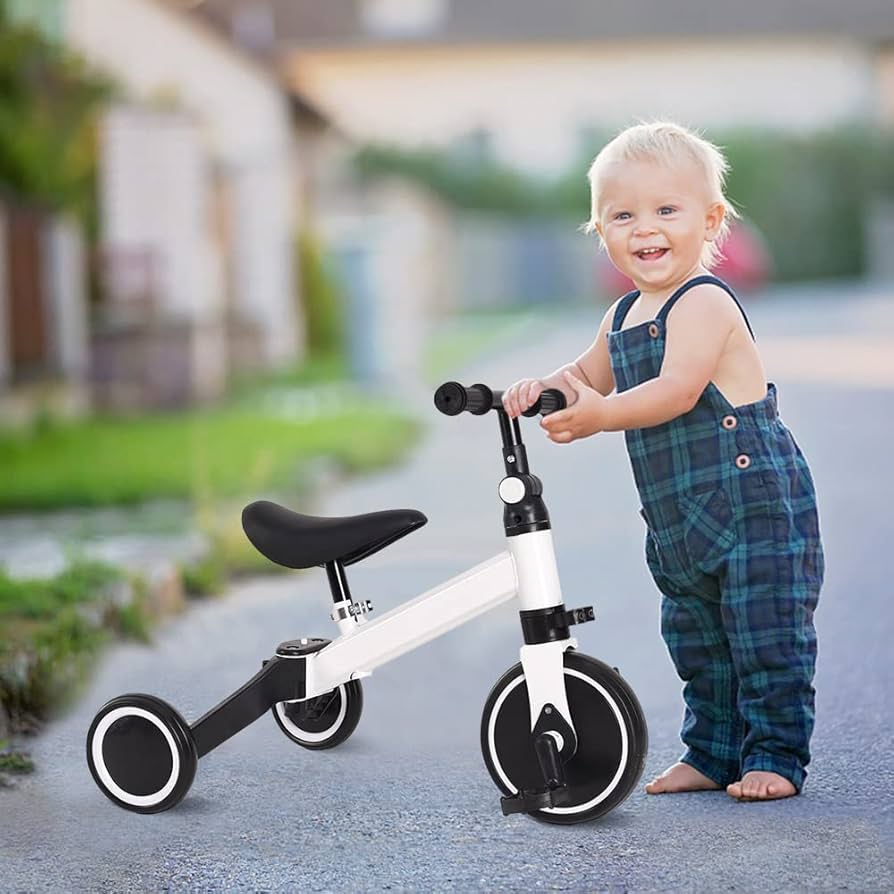 Bicicleta 2 in 1 pentru copii, cu 3 roti, cadru din aluminiu si manere din cauciuc, alba