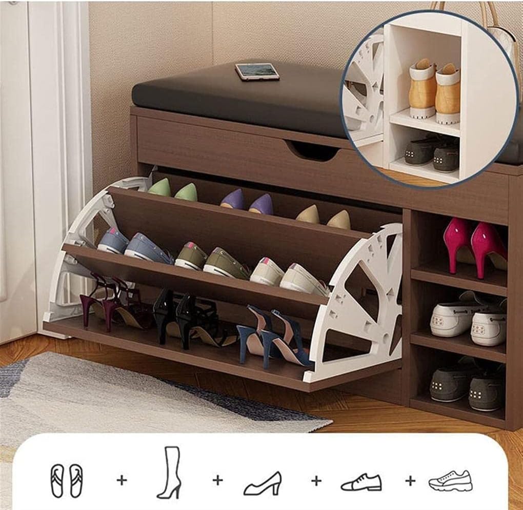 Dulap pentru pantofi tip bancheta cu Rafturi, Alb/Maro, 80 x 34 x 50 cm