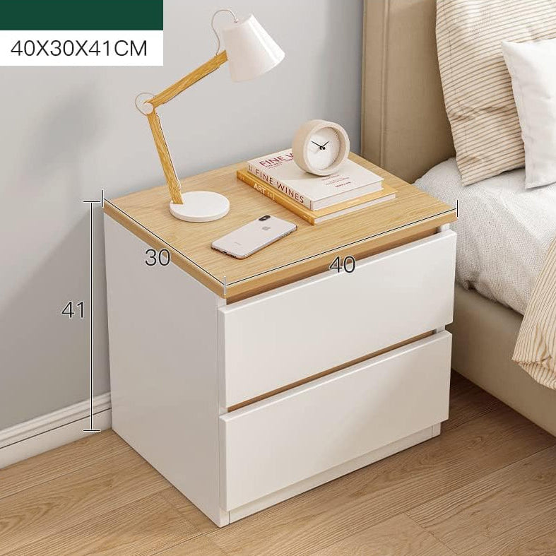 Noptiera moderna cu 2 sertare albă cu blat de lemn