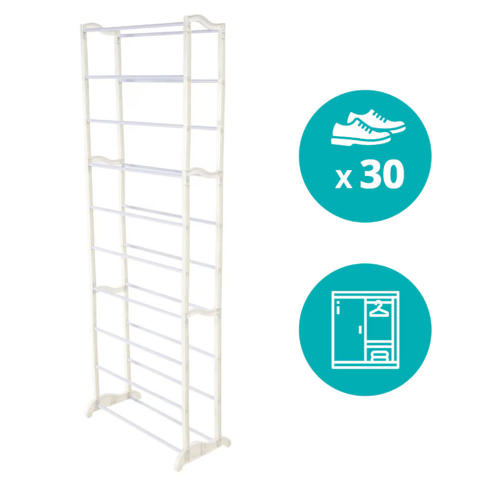 Pantofar pentru organizare eficientă, 30 perechi, model cu 10 rafturi, alb