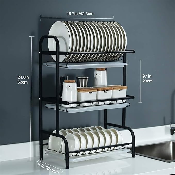 Suport de vase metalic supraetajat, 3 niveluri, Negru