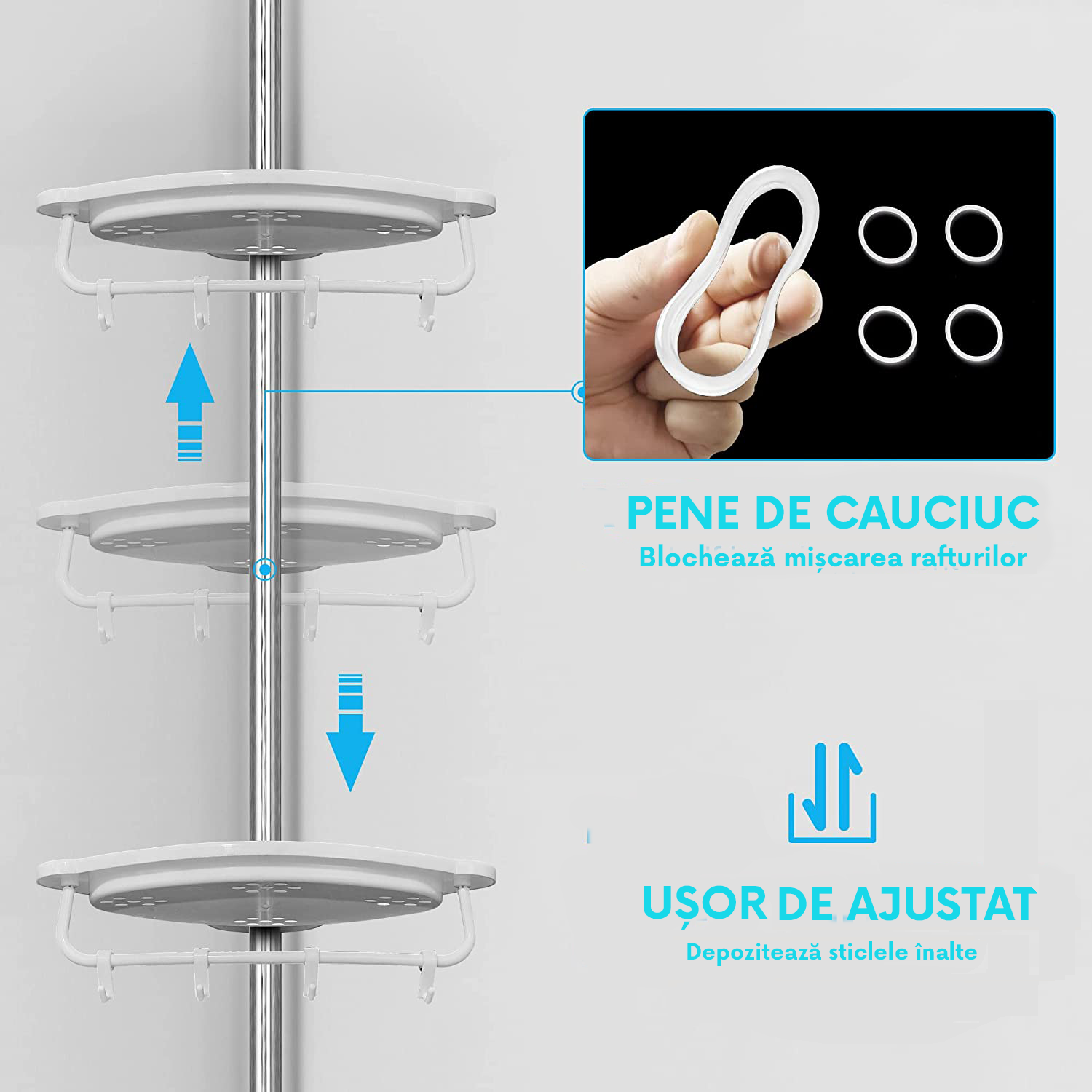 Etajeră de Colț Telescopică pentru Baie, 4 Rafturi, Montare fără Găurire