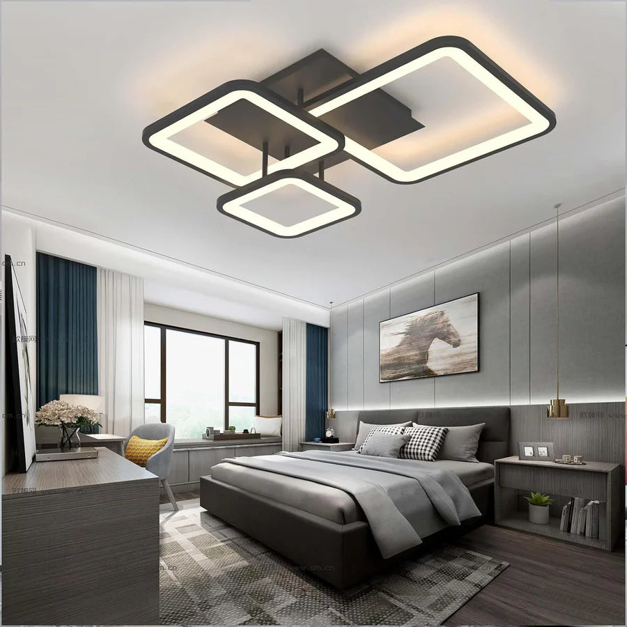 Lustra LED tavan Three Square neagra, cu telecomanda, echivalent 400W, design patrat modern