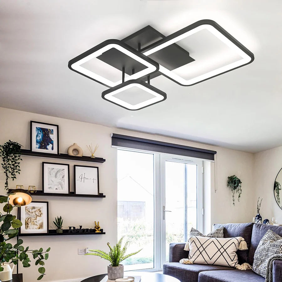 Lustra LED tavan Three Square neagra, cu telecomanda, echivalent 400W, design patrat modern