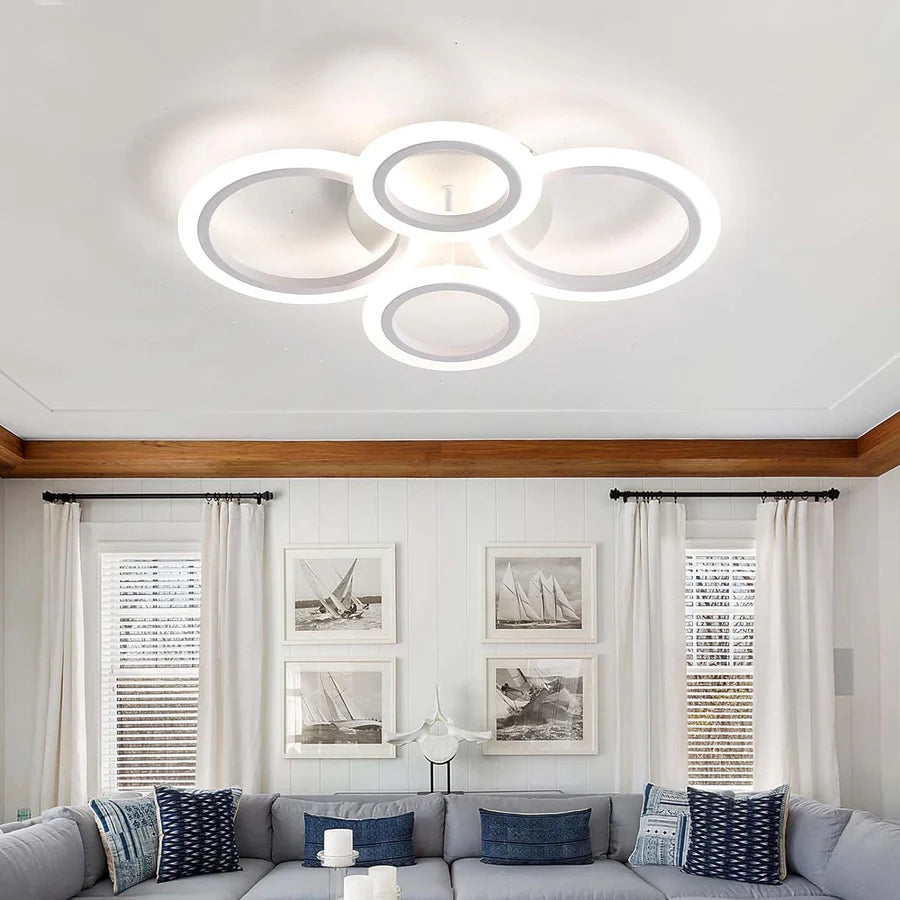 Lustra LED tavan 2+2 cercuri alba, cu telecomanda, echivalent 400W, lustra moderna 60cm