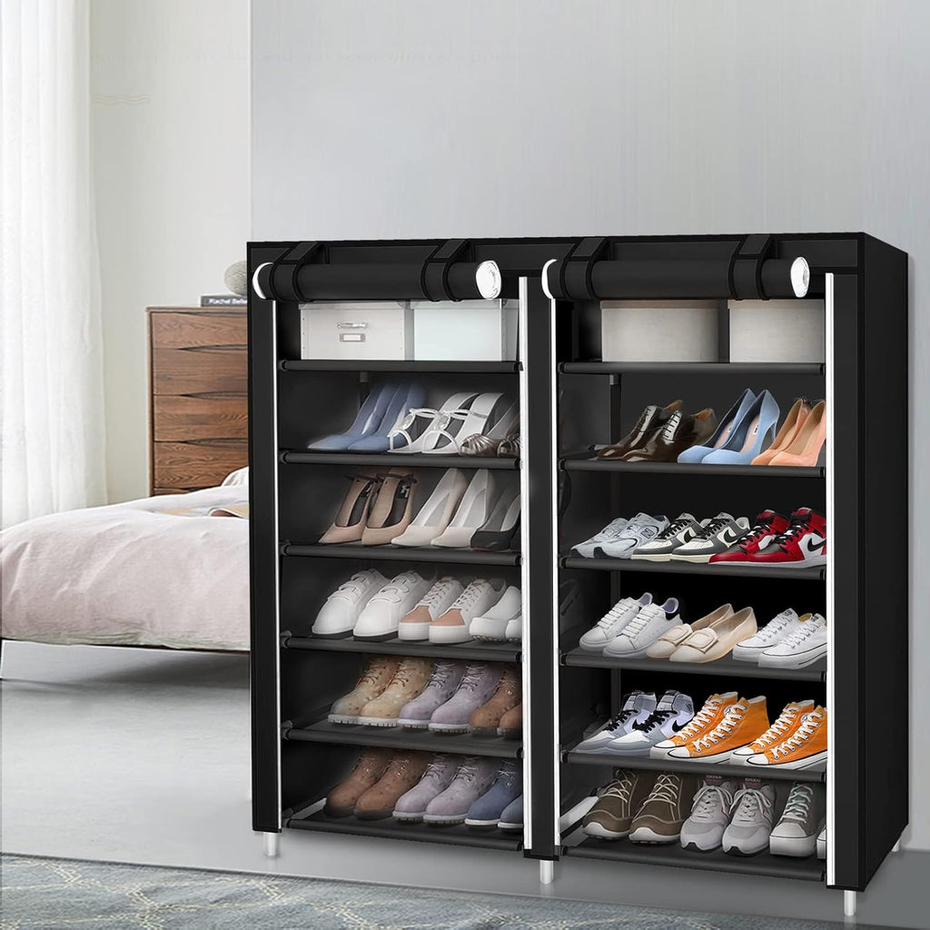 Dulap dublu textil, pentru incaltaminte, varianta negru 6 etaje 118x30x120 cm