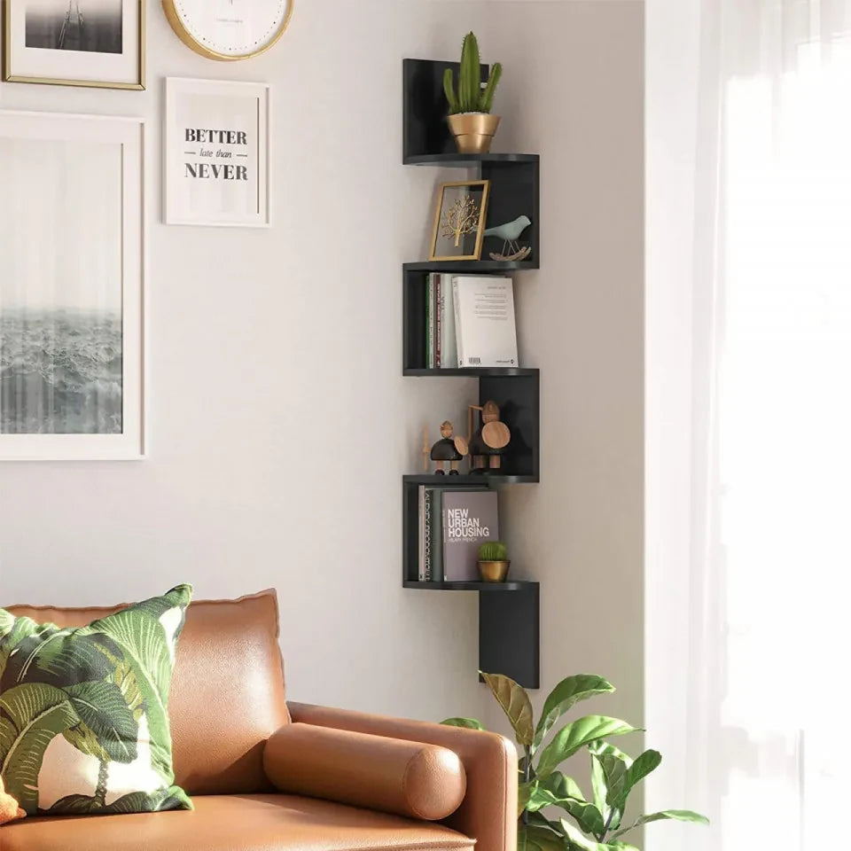 Raft perete suspendat de colt cu 5 niveluri, lemn, plutitor