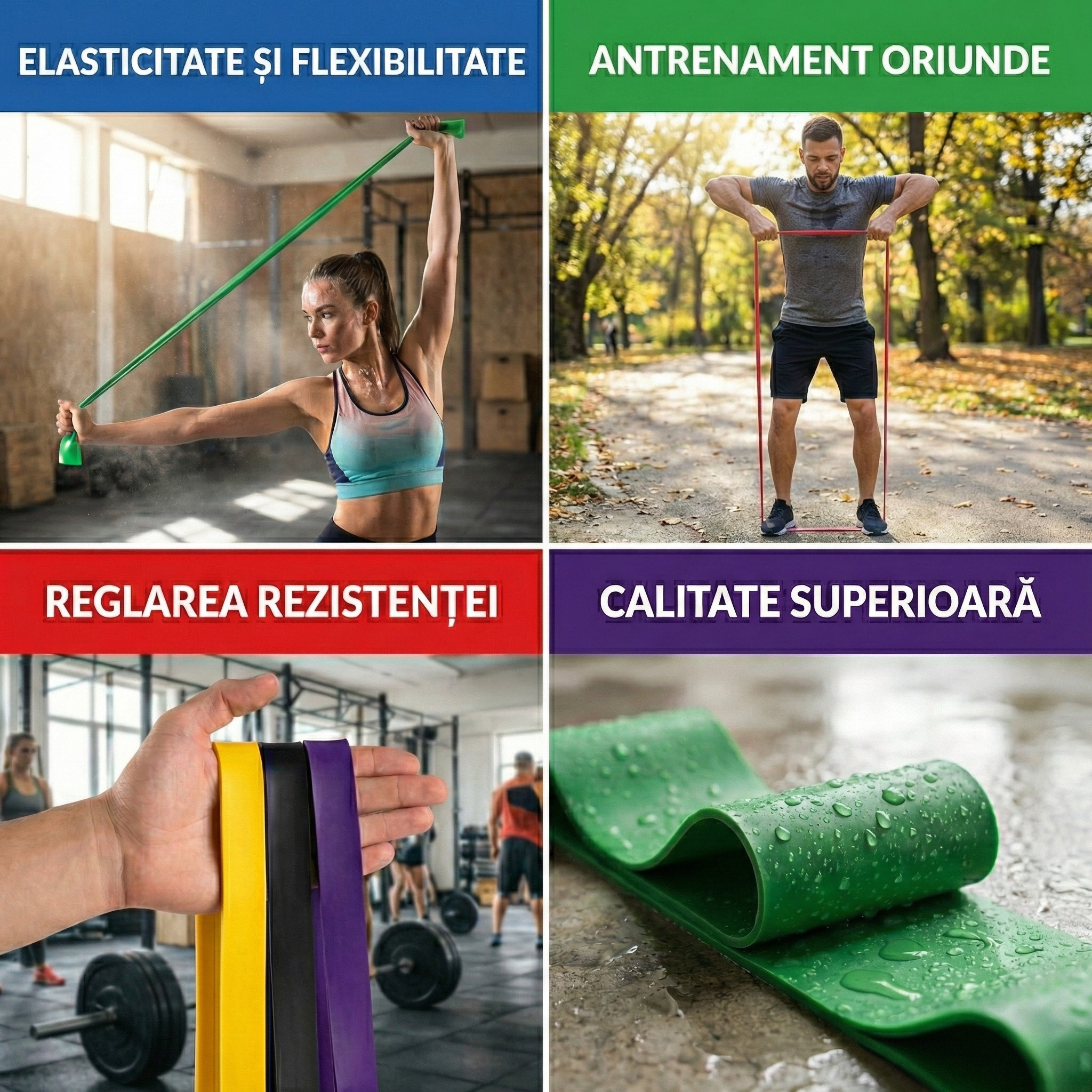 Set 5 Benzi de Rezistenta Power Band, Lungi, 5 Niveluri de Intensitate, pentru Antrenament Complet si Stretching