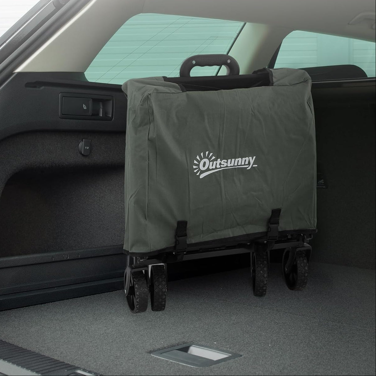 Carucior pliabil de gradina cu deschidere posterioara, roti mari si buzunare de depozitare, 125x48x78-102 cm, verde