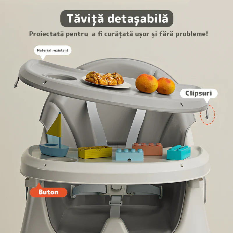 Scaun de masa 3 in 1 pentru bebelusi si copii, reglabil pe 3 niveluri, cu centura in 5 puncte si tavita detasabila, gri deschis