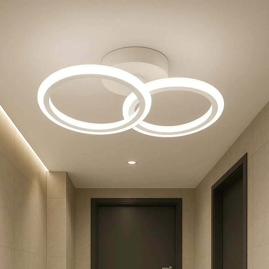 Lustra LED tavan 1+1 cercuri alba, cu telecomanda, echivalent 300W, lustra rotunda pentru dormitor