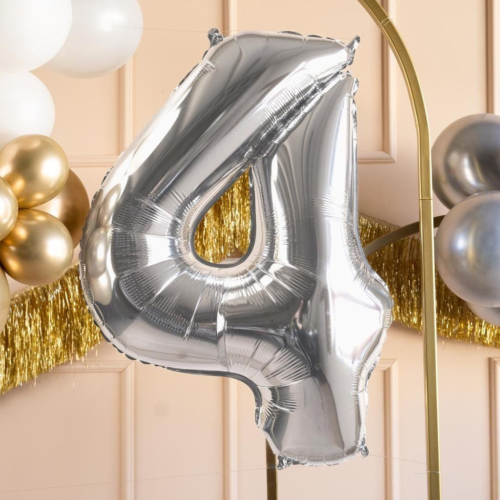 Balon din folie argintie, cifra aniversara 4, 80 cm