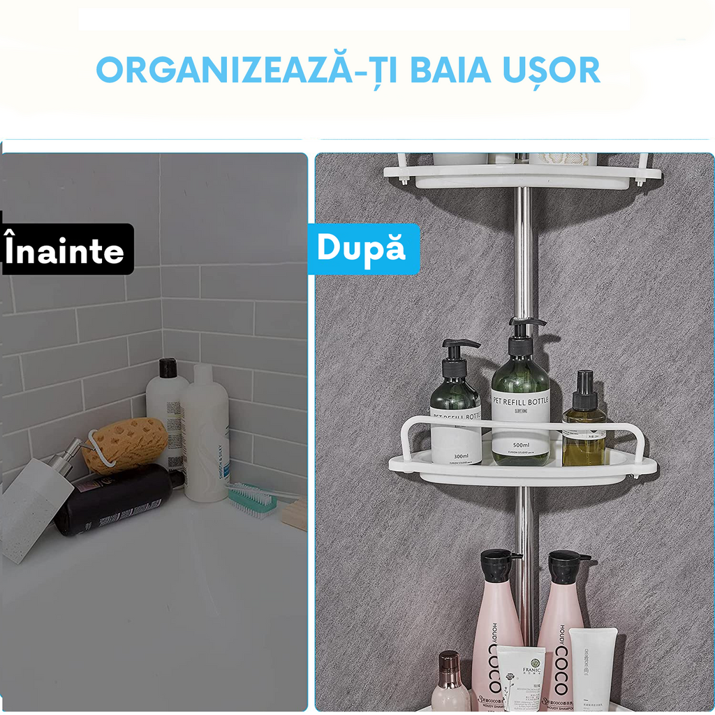 Etajeră de Colț Telescopică pentru Baie, 4 Rafturi, Montare fără Găurire