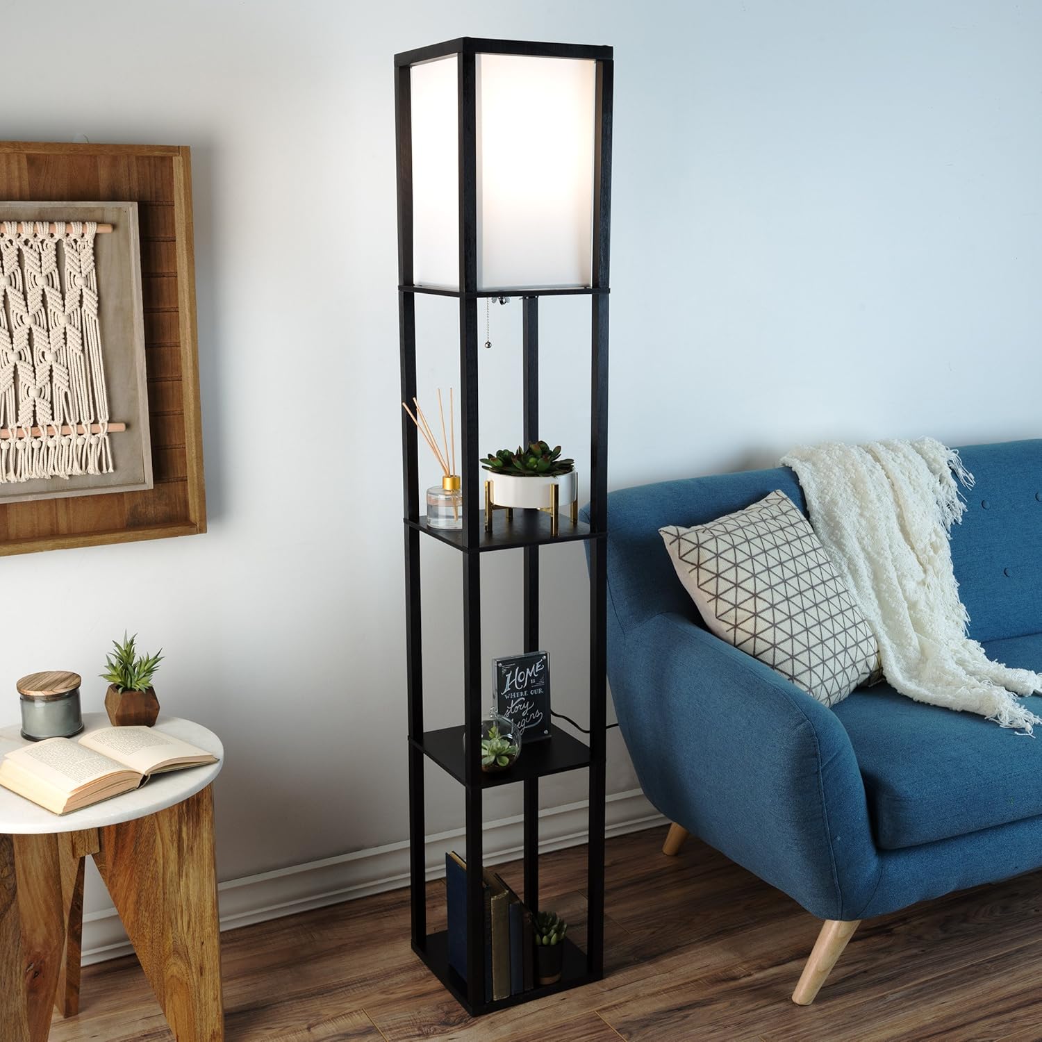 Lampadar de Podea cu 3 Rafturi, Etajeră Iluminată, 160 cm, Negru