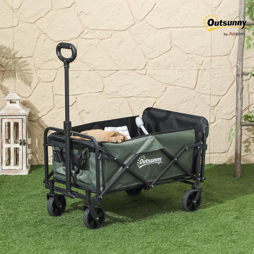 Carucior pliabil de gradina cu deschidere posterioara, roti mari si buzunare de depozitare, 125x48x78-102 cm, verde