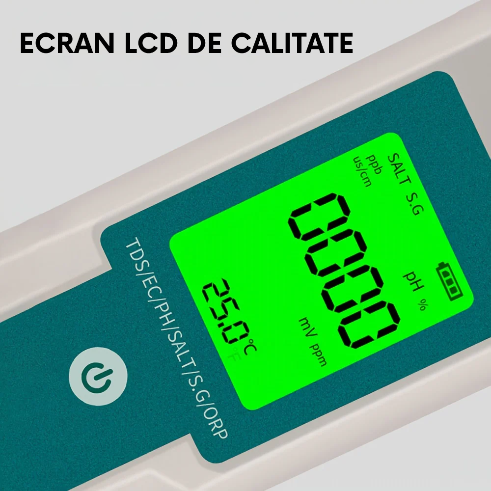 Tester calitate apă 7-în-1 cu afișaj LCD, pH ORP EC TDS salinitate temperatură, instrument portabil pentru acvarii piscine și casă