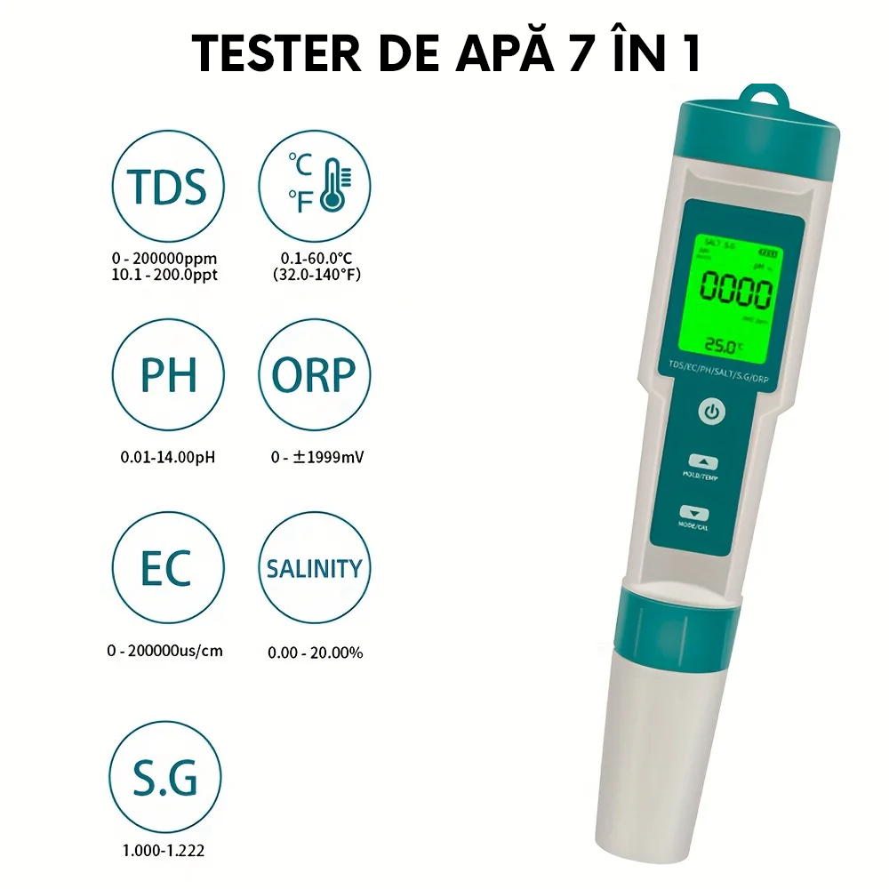Tester calitate apă 7-în-1 cu afișaj LCD, pH ORP EC TDS salinitate temperatură, instrument portabil pentru acvarii piscine și casă