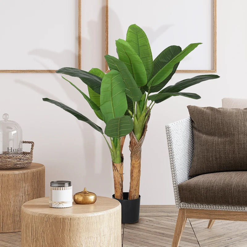 Planta artificiala bananier cu ghiveci, 2 trunchiuri si 15 frunze, 120 cm, decor interior verde