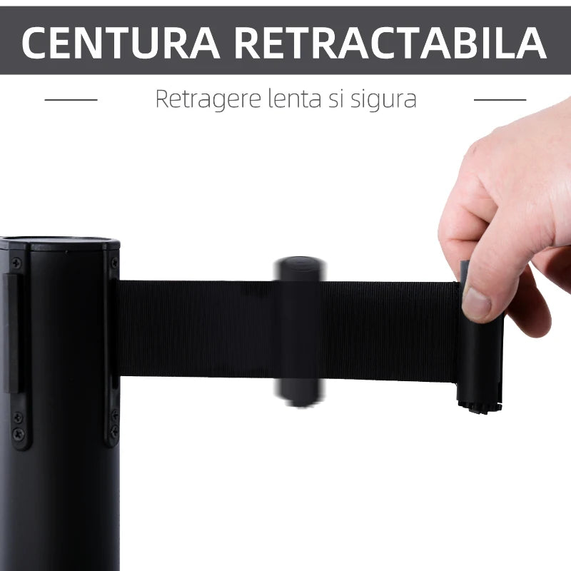 Set 2 Stâlpi Delimitare cu Bandă Retractabilă 2m, Sistem Ghidare Persoane