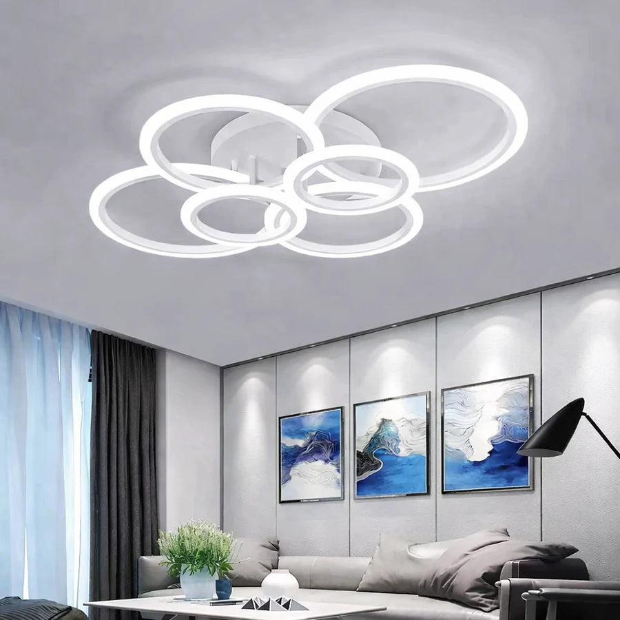 Lustra LED tavan 4+2 cercuri alba, cu telecomanda, echivalent 600W, lustra mare 80cm pentru living