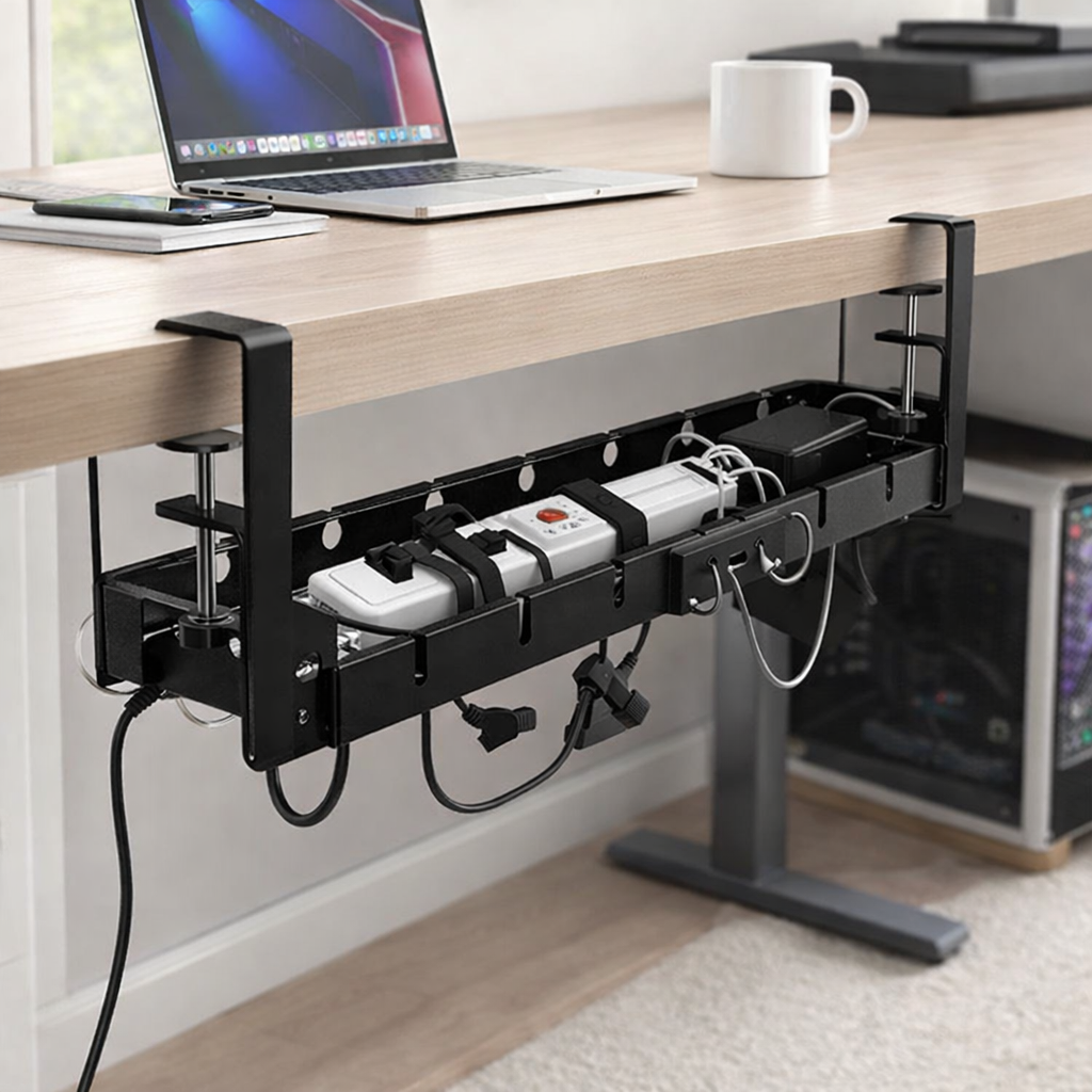 Organizator de cabluri sub birou, tava metalica cu clema, fara gaurire, extensibil 29–54,5 cm, negru