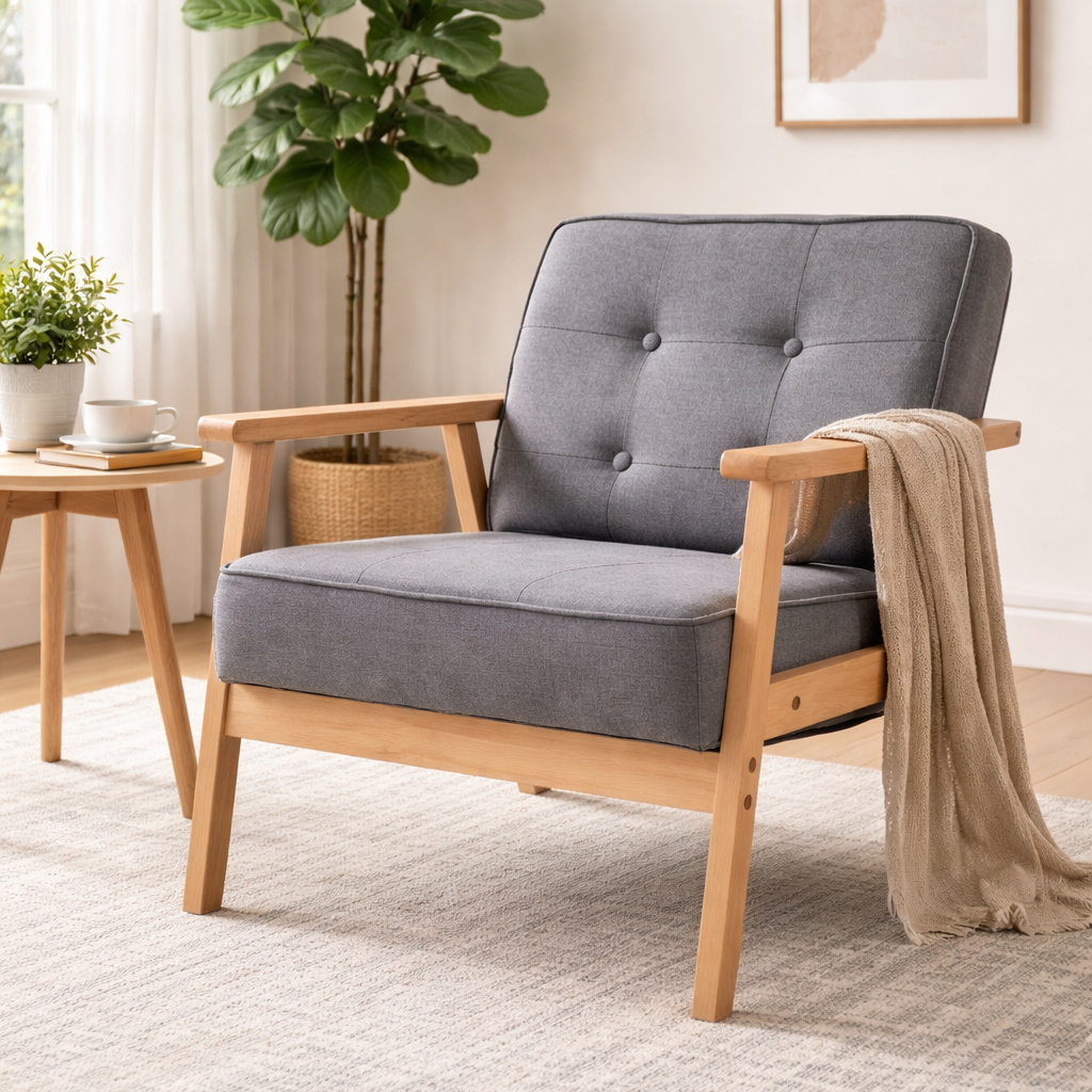 Fotoliu vintage stil scandinav, moale si confortabil, capitonat cu butoni, 64,5x70x74 cm, gri