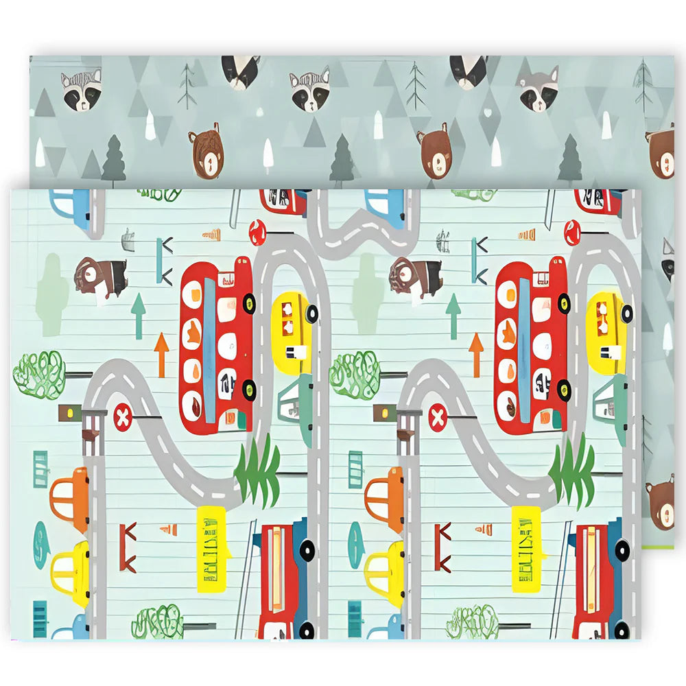 Covoraș de Joacă pentru Copii – Termic, Antiderapant, Pliabil, Protecție Împotriva Loviturilor, Model Șosea & Pădure, 200x180 cm, Grosime 1 cm, Multicolor