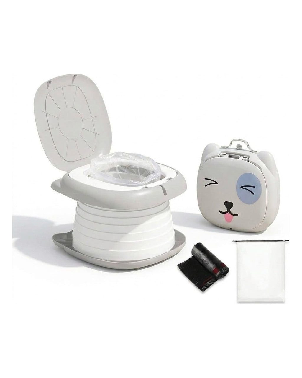 Oliță portabilă pliabilă pentru copii, gri, deschisă și pliată, cu accesoriile, pe fundal alb