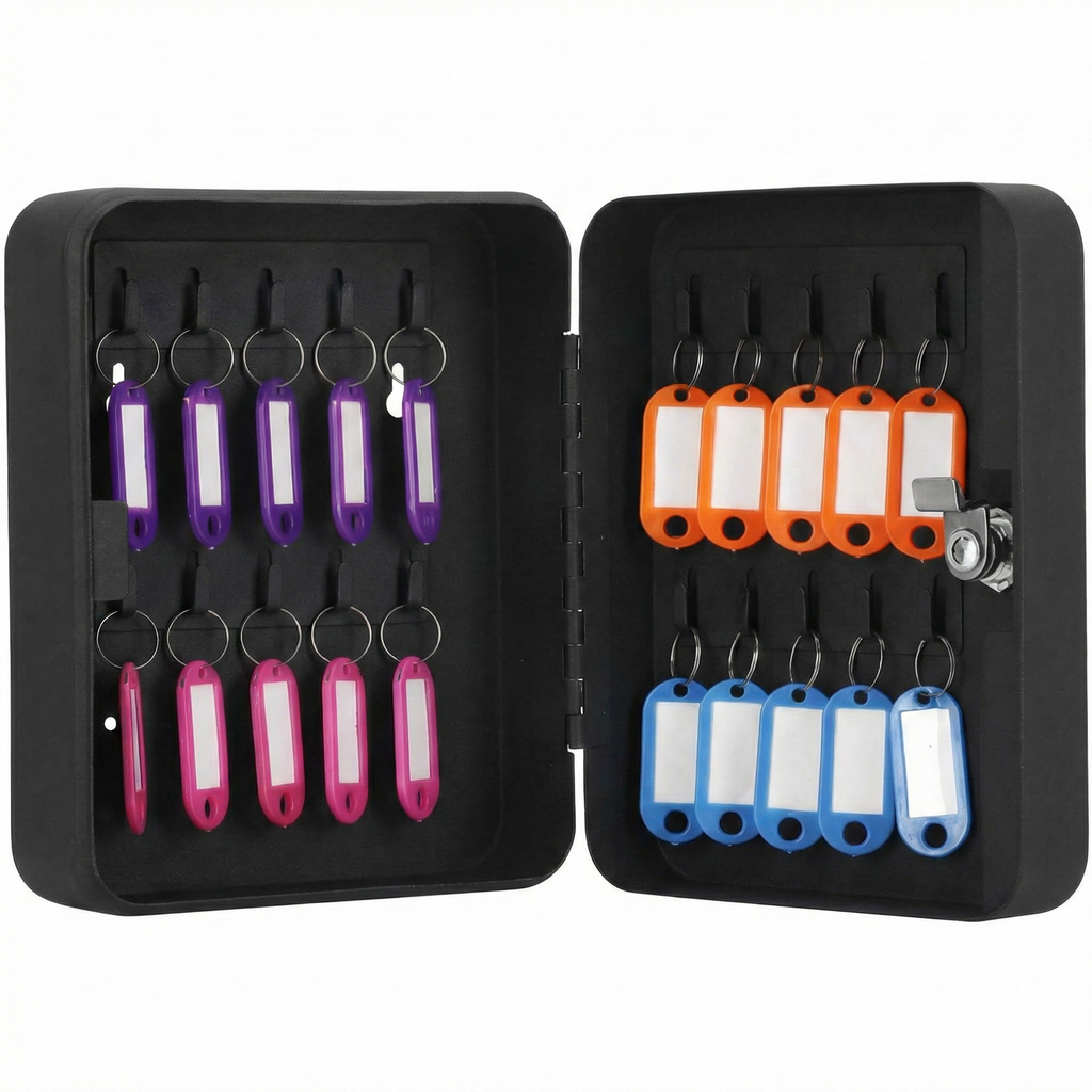 Cutie metalica din otel pentru 20 de chei, echipata cu suporturi, 20x16x7,5 cm, neagra