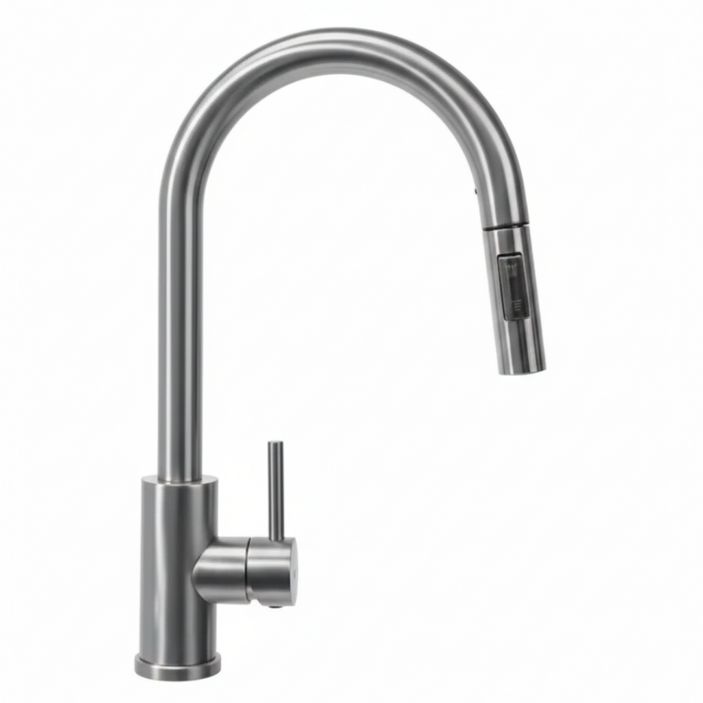 Baterie bucătărie modernă din inox, nichel brush, model Fresh