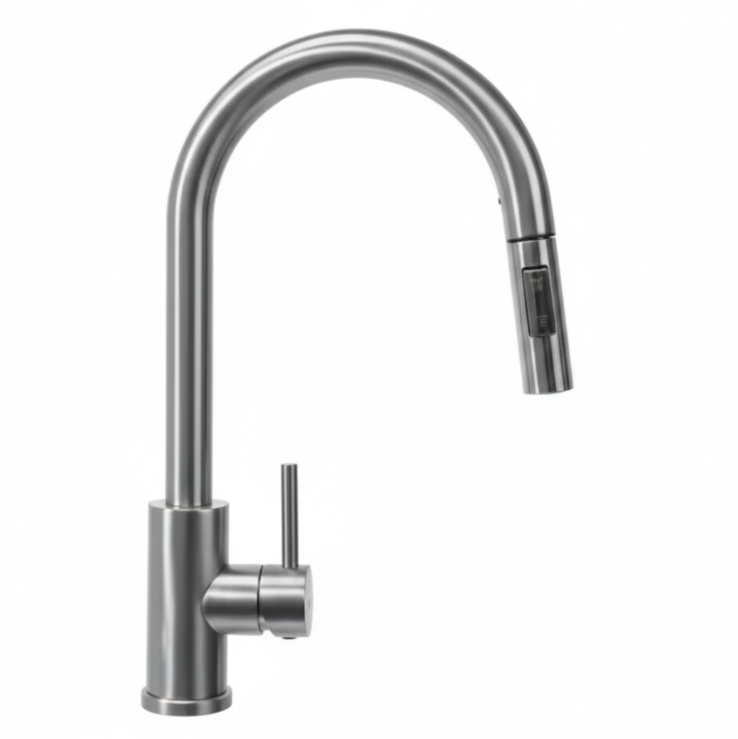 Baterie bucătărie modernă din inox, nichel brush, model Fresh