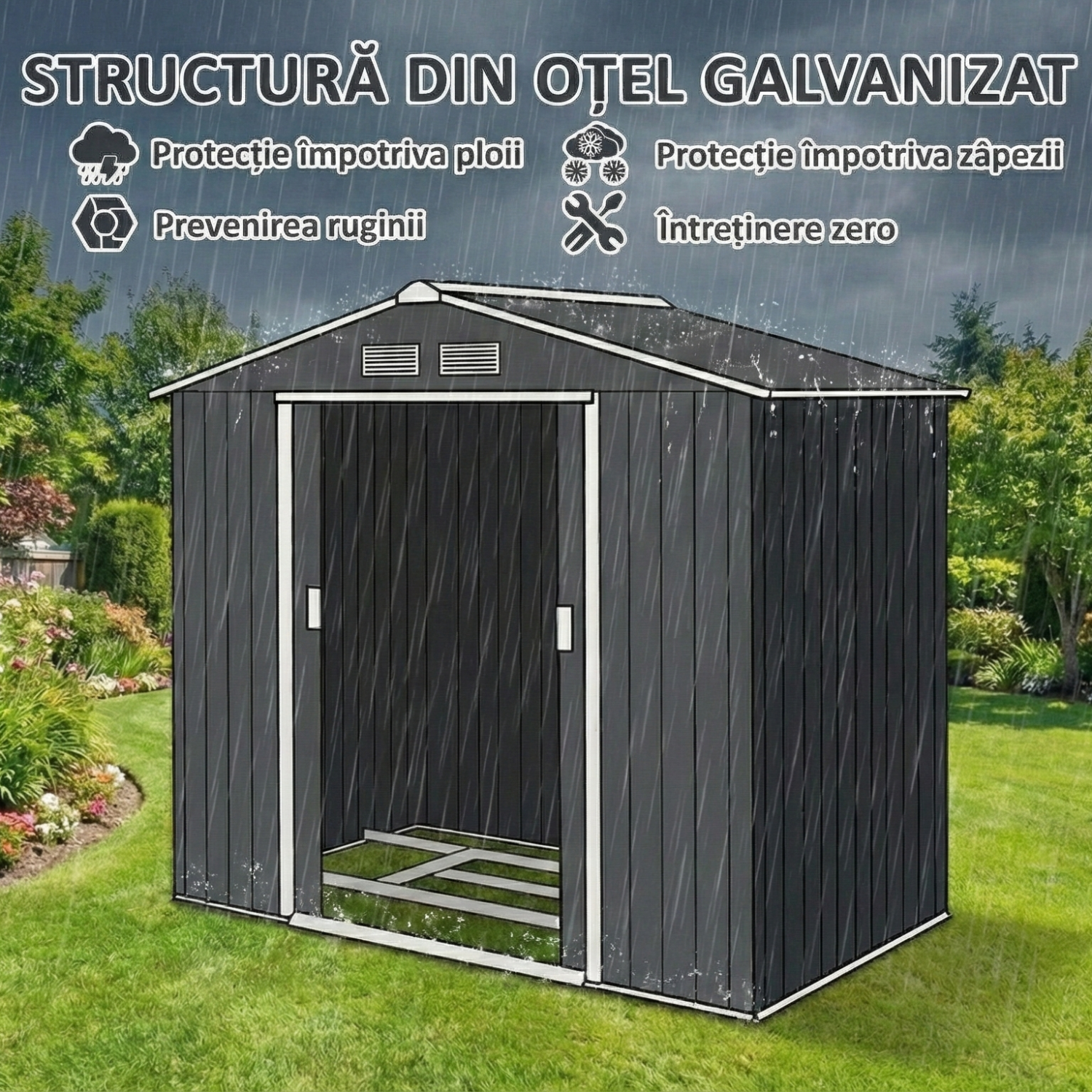 Casuta de Gradina Depozitare Unelte din Tabla de Otel, Magazie de Gradina din Otel cu Usi Glisante