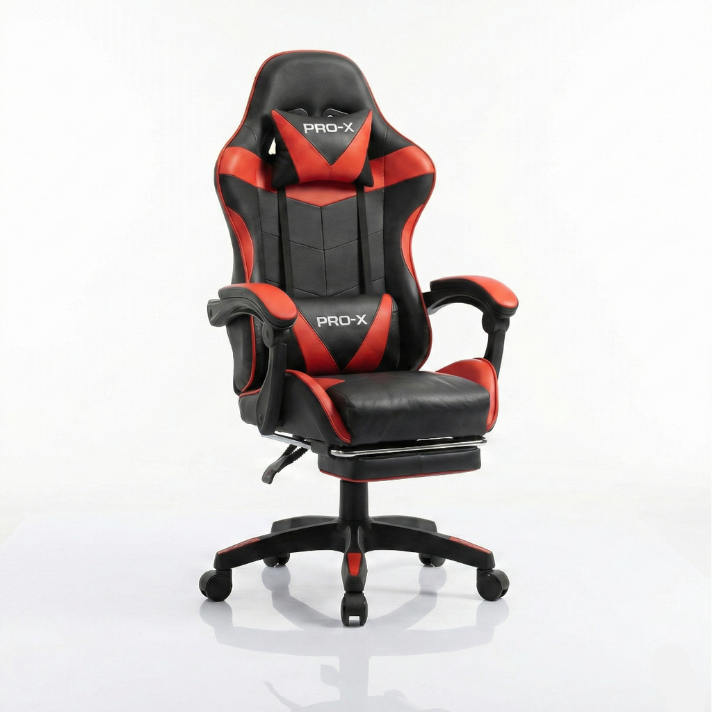 PRO-X COMFORT Scaun Gaming cu Suport pentru Picioare, Negru-Roșu