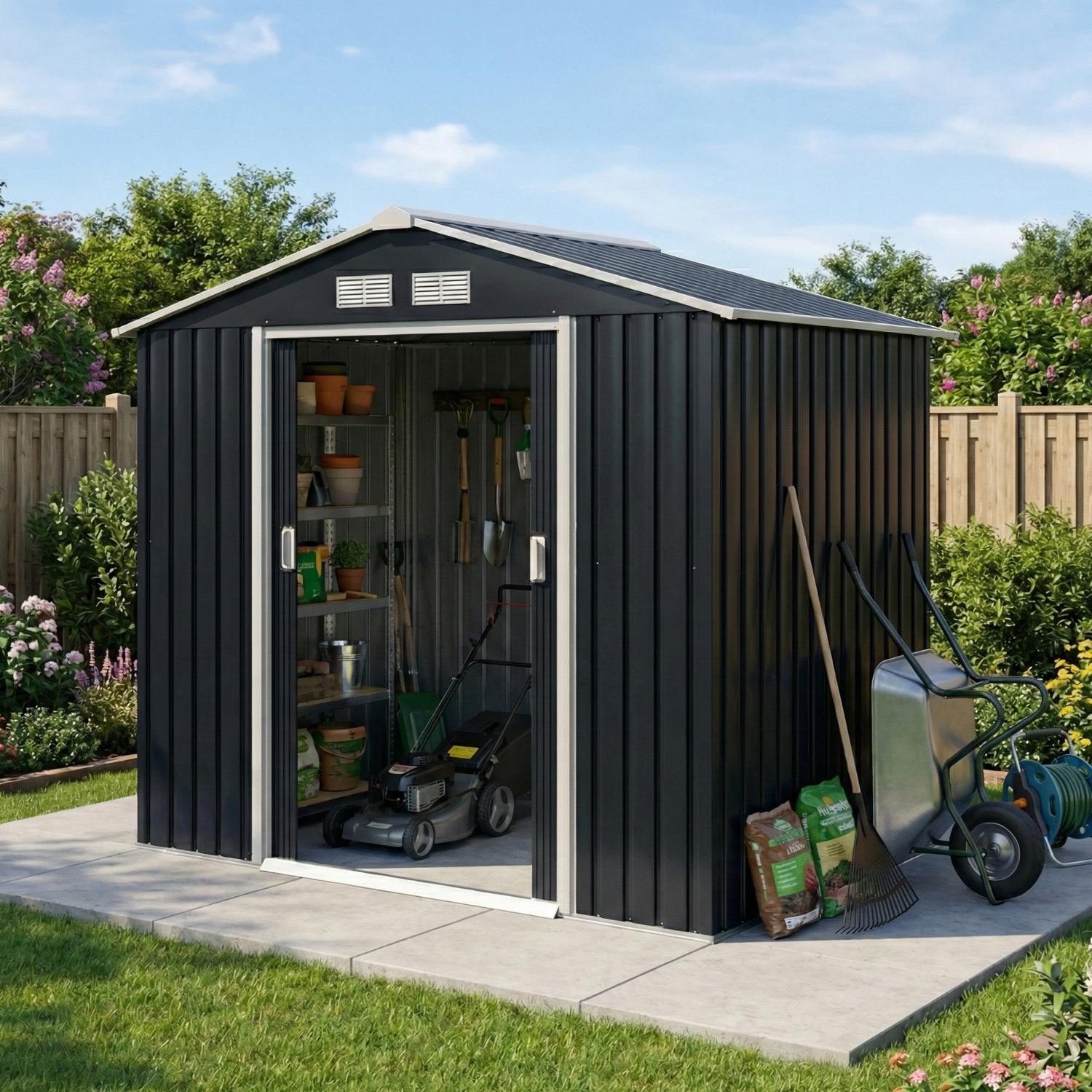 Casuta de Gradina Depozitare Unelte din Tabla de Otel, Magazie de Gradina din Otel cu Usi Glisante