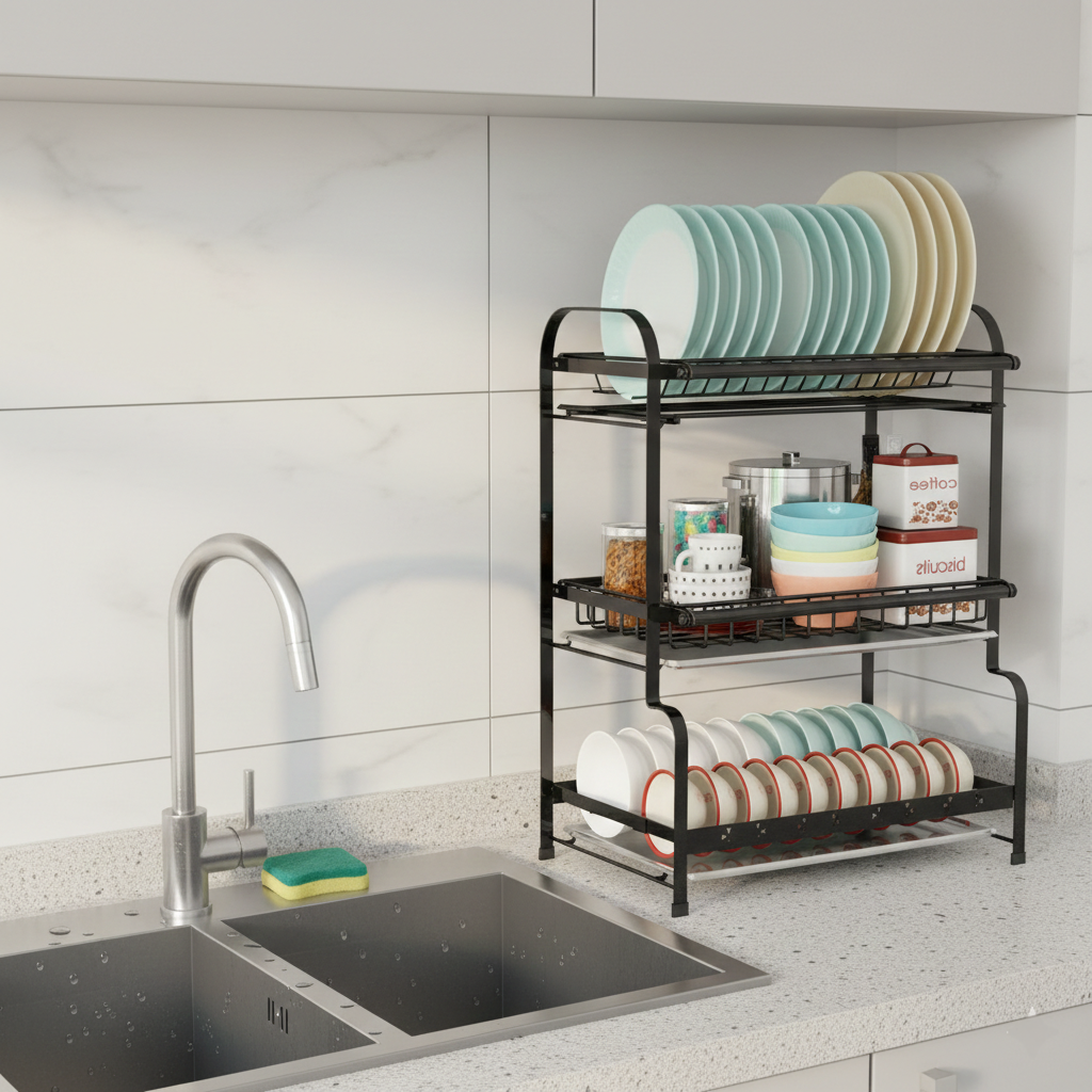 Scurgator vase pe 3 niveluri pentru organizare eficienta, din otel inox 304, 42.5×25.5×61 cm, negru