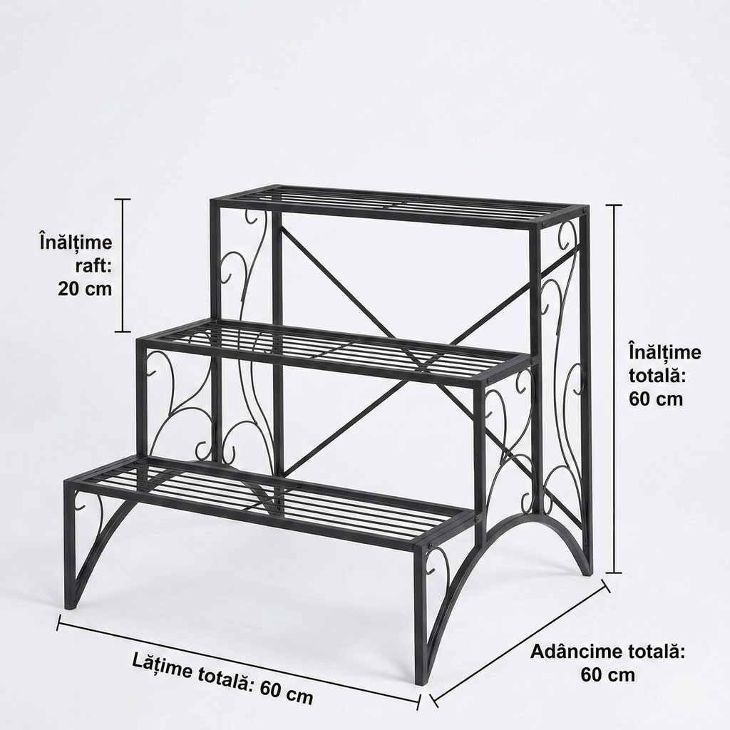 Etajeră-suport pentru plante, cu 3 niveluri, în formă de scară, pentru interior și exterior, din metal