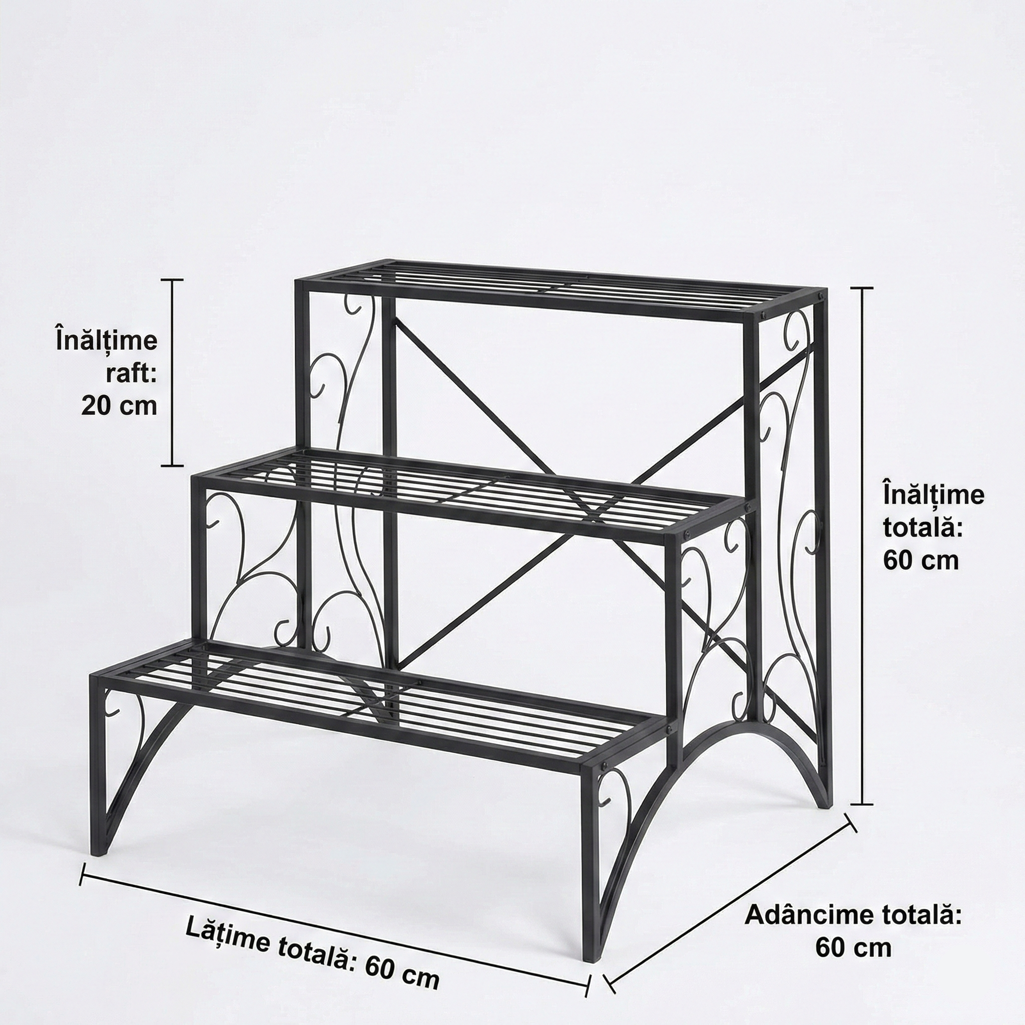 Etajeră-suport pentru plante, cu 3 niveluri, în formă de scară, pentru interior și exterior, din metal